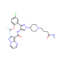 CNC(=O)CCCN1CCC(n2cc(NC(=O)c3cnn4cccnc34)c(-c3cc(Cl)ccc3OC(F)F)n2)CC1 ZINC001772612574