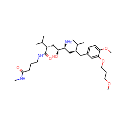 CNC(=O)CCCNC(=O)[C@@H](C[C@H](O)[C@@H](N)C[C@H](Cc1ccc(OC)c(OCCCOC)c1)C(C)C)C(C)C ZINC000014967704