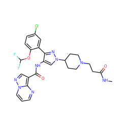 CNC(=O)CCN1CCC(n2cc(NC(=O)c3cnn4cccnc34)c(-c3cc(Cl)ccc3OC(F)F)n2)CC1 ZINC001772638773