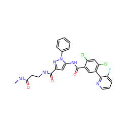 CNC(=O)CCNC(=O)c1cc(NC(=O)c2cc(-c3ncccc3F)c(Cl)cc2Cl)n(-c2ccccc2)n1 ZINC001772622245