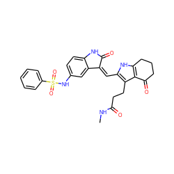 CNC(=O)CCc1c(/C=C2\C(=O)Nc3ccc(NS(=O)(=O)c4ccccc4)cc32)[nH]c2c1C(=O)CCC2 ZINC000058575926