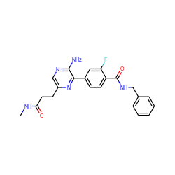 CNC(=O)CCc1cnc(N)c(-c2ccc(C(=O)NCc3ccccc3)c(F)c2)n1 ZINC001772576208