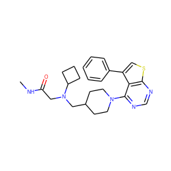 CNC(=O)CN(CC1CCN(c2ncnc3scc(-c4ccccc4)c23)CC1)C1CCC1 ZINC000146371855