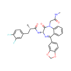 CNC(=O)CN1C(=O)[C@@H](NC(=O)[C@@H](C)Cc2ccc(F)c(F)c2)N=C(c2ccc3c(c2)OCO3)c2ccccc21 ZINC000027331297