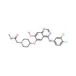 CNC(=O)CN1CCC(Oc2cc3c(Nc4ccc(F)c(Cl)c4)ncnc3cc2OC)CC1 ZINC000096921645