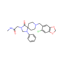 CNC(=O)CN1CN(c2ccccc2)C2(CCN(Cc3cc4c(cc3Cl)OCO4)CC2)C1=O ZINC000013864321