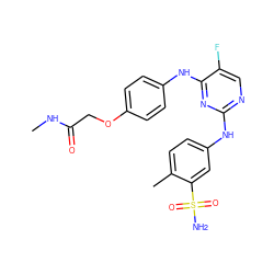 CNC(=O)COc1ccc(Nc2nc(Nc3ccc(C)c(S(N)(=O)=O)c3)ncc2F)cc1 ZINC000063298097