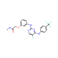 CNC(=O)COc1cccc(Nc2ncc(F)c(Nc3ccc(C(F)(F)F)cc3)n2)c1 ZINC000299861266