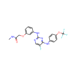 CNC(=O)COc1cccc(Nc2ncc(F)c(Nc3ccc(OC(F)(F)F)cc3)n2)c1 ZINC000299870559