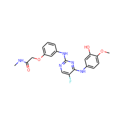 CNC(=O)COc1cccc(Nc2ncc(F)c(Nc3ccc(OC)c(O)c3)n2)c1 ZINC000035943403