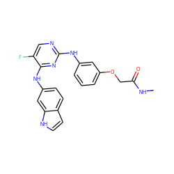 CNC(=O)COc1cccc(Nc2ncc(F)c(Nc3ccc4cc[nH]c4c3)n2)c1 ZINC000003817473