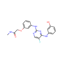 CNC(=O)COc1cccc(Nc2ncc(F)c(Nc3cccc(O)c3)n2)c1 ZINC000003817471