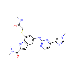 CNC(=O)CSc1cc(Nc2nccc(-c3cn(C)cn3)n2)cc2cc(C(=O)N(C)C)[nH]c12 ZINC000205650817