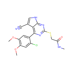 CNC(=O)CSc1nc(-c2cc(OC)c(OC)cc2Cl)c2c(C#N)c[nH]c2n1 ZINC000095572579