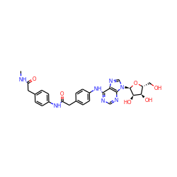 CNC(=O)Cc1ccc(NC(=O)Cc2ccc(Nc3ncnc4c3ncn4[C@H]3O[C@H](CO)[C@@H](O)[C@H]3O)cc2)cc1 ZINC000049767665