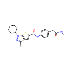 CNC(=O)Cc1ccc(NC(=O)c2cc3c(C)nn(C4CCCCC4)c3s2)cc1 ZINC000114709700