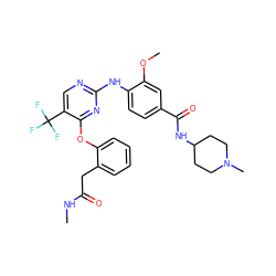 CNC(=O)Cc1ccccc1Oc1nc(Nc2ccc(C(=O)NC3CCN(C)CC3)cc2OC)ncc1C(F)(F)F ZINC000148441989