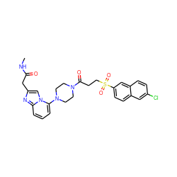 CNC(=O)Cc1cn2c(N3CCN(C(=O)CCS(=O)(=O)c4ccc5cc(Cl)ccc5c4)CC3)cccc2n1 ZINC000029056367