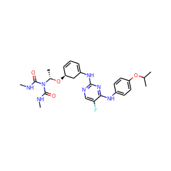 CNC(=O)N(C(=O)NC)[C@H](C)O[C@H]1C=CC=C(Nc2ncc(F)c(Nc3ccc(OC(C)C)cc3)n2)C1 ZINC001772621035