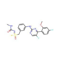 CNC(=O)N=[S@](C)(=O)Cc1cccc(Nc2ncc(F)c(-c3ccc(F)cc3OC)n2)c1 ZINC000206892257