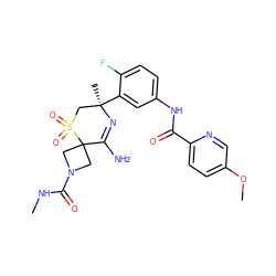 CNC(=O)N1CC2(C1)C(N)=N[C@](C)(c1cc(NC(=O)c3ccc(OC)cn3)ccc1F)CS2(=O)=O ZINC000214162373