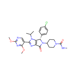 CNC(=O)N1CCC(N2C(=O)c3nc(-c4cnc(OC)nc4OC)n(C(C)C)c3[C@@H]2c2ccc(Cl)cc2)CC1 ZINC000169705591