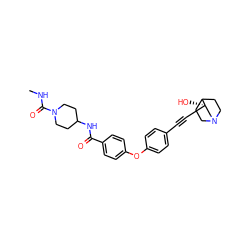 CNC(=O)N1CCC(NC(=O)c2ccc(Oc3ccc(C#C[C@]4(O)CN5CCC4CC5)cc3)cc2)CC1 ZINC000073220490