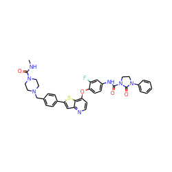 CNC(=O)N1CCN(Cc2ccc(-c3cc4nccc(Oc5ccc(NC(=O)N6CCN(c7ccccc7)C6=O)cc5F)c4s3)cc2)CC1 ZINC000049889337