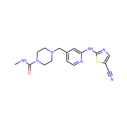 CNC(=O)N1CCN(Cc2ccnc(Nc3ncc(C#N)s3)c2)CC1 ZINC000013586295