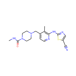 CNC(=O)N1CCN(Cc2ccnc(Nc3ncc(C#N)s3)c2C)CC1 ZINC000028636306