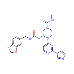 CNC(=O)N1CCN(c2ccnc(-n3ccnc3)n2)[C@H](CC(=O)NCc2ccc3c(c2)OCO3)C1 ZINC000035270392