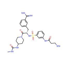 CNC(=O)NC1CCN(C(=O)[C@H](Cc2cccc(C(=N)N)c2)NS(=O)(=O)c2cccc(NC(=O)CCN)c2)CC1 ZINC000169323437