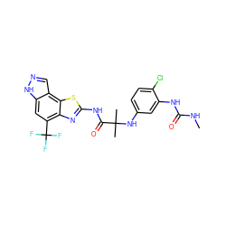 CNC(=O)Nc1cc(NC(C)(C)C(=O)Nc2nc3c(C(F)(F)F)cc4[nH]ncc4c3s2)ccc1Cl ZINC000202049859