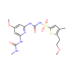 CNC(=O)Nc1cc(OC)cc(NC(=O)NS(=O)(=O)c2cc(C)c(CCOC)s2)n1 ZINC000066156879