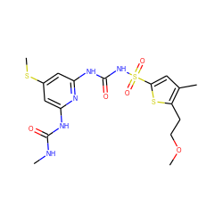 CNC(=O)Nc1cc(SC)cc(NC(=O)NS(=O)(=O)c2cc(C)c(CCOC)s2)n1 ZINC000071332511