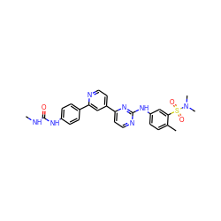 CNC(=O)Nc1ccc(-c2cc(-c3ccnc(Nc4ccc(C)c(S(=O)(=O)N(C)C)c4)n3)ccn2)cc1 ZINC000095579547