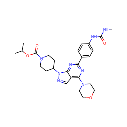 CNC(=O)Nc1ccc(-c2nc(N3CCOCC3)c3cnn(C4CCN(C(=O)OC(C)C)CC4)c3n2)cc1 ZINC000049784871