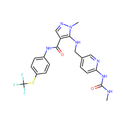 CNC(=O)Nc1ccc(CNc2c(C(=O)Nc3ccc(SC(F)(F)F)cc3)cnn2C)cn1 ZINC000028951850