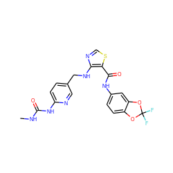 CNC(=O)Nc1ccc(CNc2ncsc2C(=O)Nc2ccc3c(c2)OC(F)(F)O3)cn1 ZINC000028951859