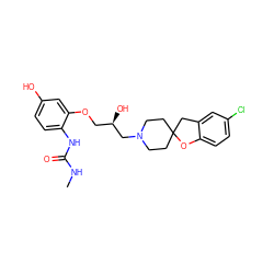 CNC(=O)Nc1ccc(O)cc1OC[C@@H](O)CN1CCC2(CC1)Cc1cc(Cl)ccc1O2 ZINC000103235600