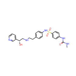 CNC(=O)Nc1ccc(S(=O)(=O)Nc2ccc(CCNC[C@H](O)c3cccnc3)cc2)cc1 ZINC000026836793