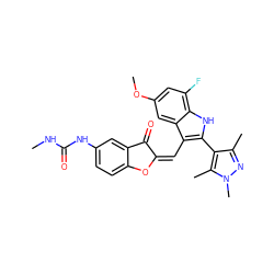 CNC(=O)Nc1ccc2c(c1)C(=O)/C(=C\c1c(-c3c(C)nn(C)c3C)[nH]c3c(F)cc(OC)cc13)O2 ZINC000049785469