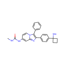 CNC(=O)Nc1ccn2c(-c3ccccc3)c(-c3ccc(C4(N)CCC4)cc3)nc2c1 ZINC000113657216