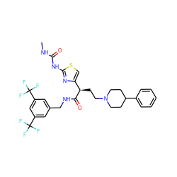 CNC(=O)Nc1nc([C@@H](CCN2CCC(c3ccccc3)CC2)C(=O)NCc2cc(C(F)(F)F)cc(C(F)(F)F)c2)cs1 ZINC000028702809