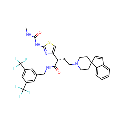 CNC(=O)Nc1nc([C@H](CCN2CCC3(C=Cc4ccccc43)CC2)C(=O)NCc2cc(C(F)(F)F)cc(C(F)(F)F)c2)cs1 ZINC000028702848