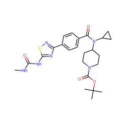 CNC(=O)Nc1nc(-c2ccc(C(=O)N(C3CC3)C3CCN(C(=O)OC(C)(C)C)CC3)cc2)ns1 ZINC000223642509