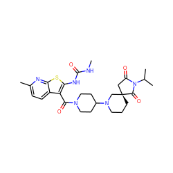 CNC(=O)Nc1sc2nc(C)ccc2c1C(=O)N1CCC(N2CCC[C@]3(CC(=O)N(C(C)C)C3=O)C2)CC1 ZINC000043197870