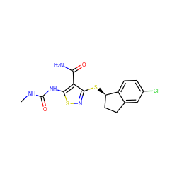 CNC(=O)Nc1snc(S[C@@H]2CCc3cc(Cl)ccc32)c1C(N)=O ZINC000036348991