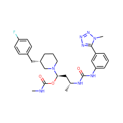 CNC(=O)O[C@H](C[C@@H](C)NC(=O)Nc1cccc(-c2nnnn2C)c1)N1CCC[C@@H](Cc2ccc(F)cc2)C1 ZINC000029130077