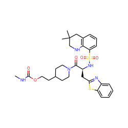 CNC(=O)OCCC1CCN(C(=O)[C@H](Cc2nc3ccccc3s2)NS(=O)(=O)c2cccc3c2NCC(C)(C)C3)CC1 ZINC000028760663